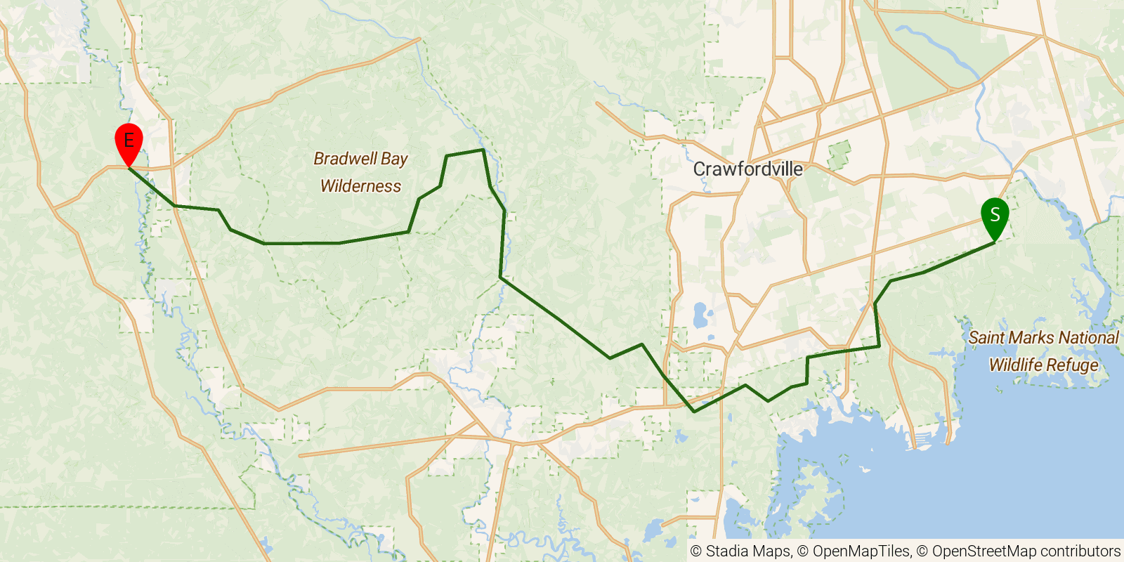 Route map of the Florida National Scenic Trail — Section 22: Apalachicola East on OpenStreetMap terrain