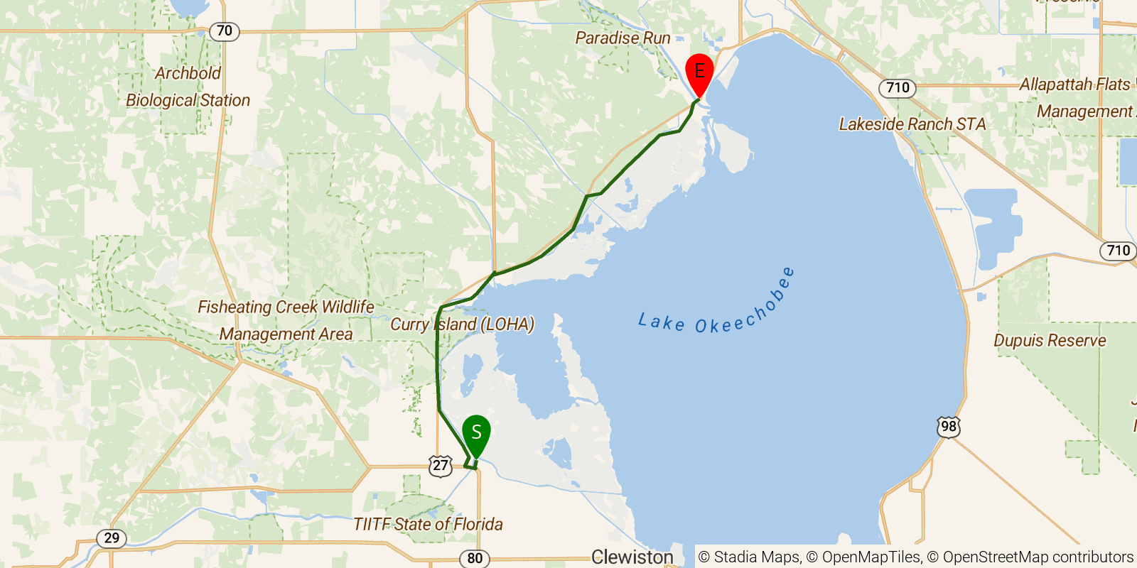 Route map of the Florida National Scenic Trail — Section 5: Okeechobee West on OpenStreetMap terrain