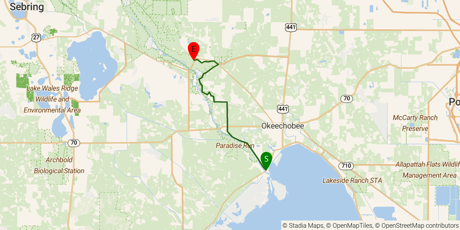 Route map of the Florida National Scenic Trail — Section 6: Kissimmee River on OpenStreetMap terrain