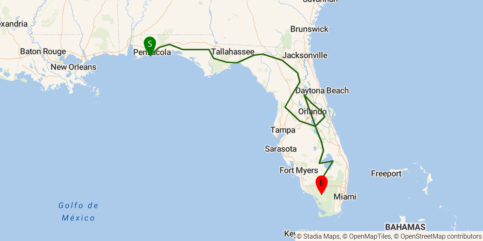 Route map of the Florida National Scenic Trail on OpenStreetMap terrain