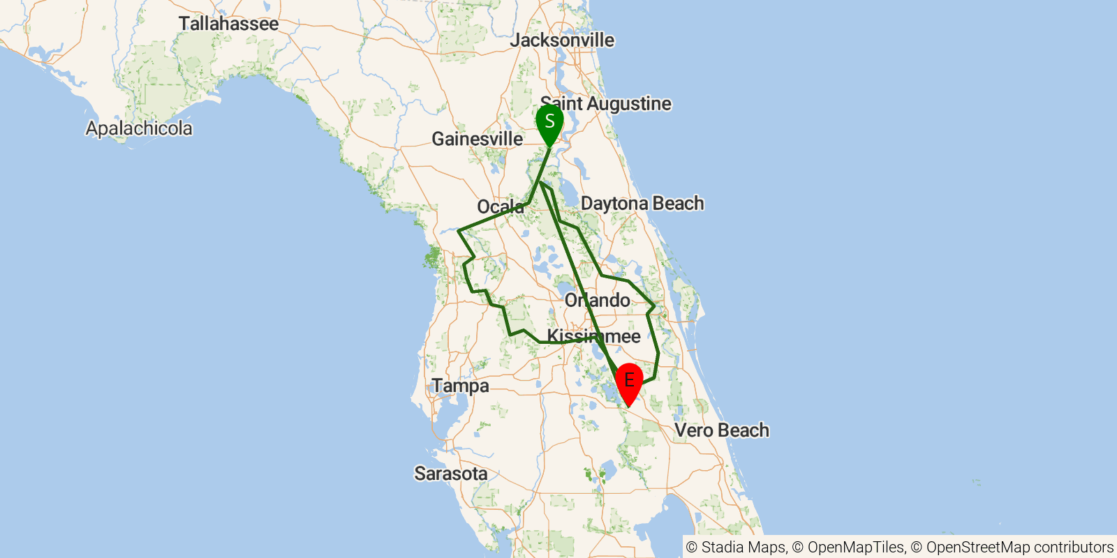 Route map of the Florida NST — Central Region on OpenStreetMap terrain