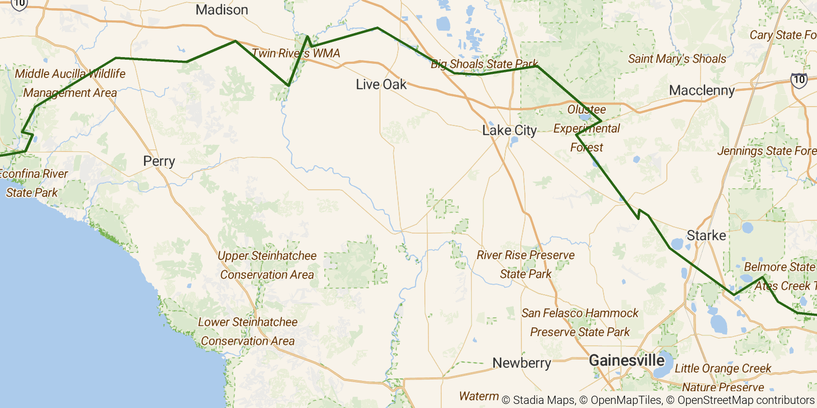 Route map of the Florida NST — Northern Region on OpenStreetMap terrain