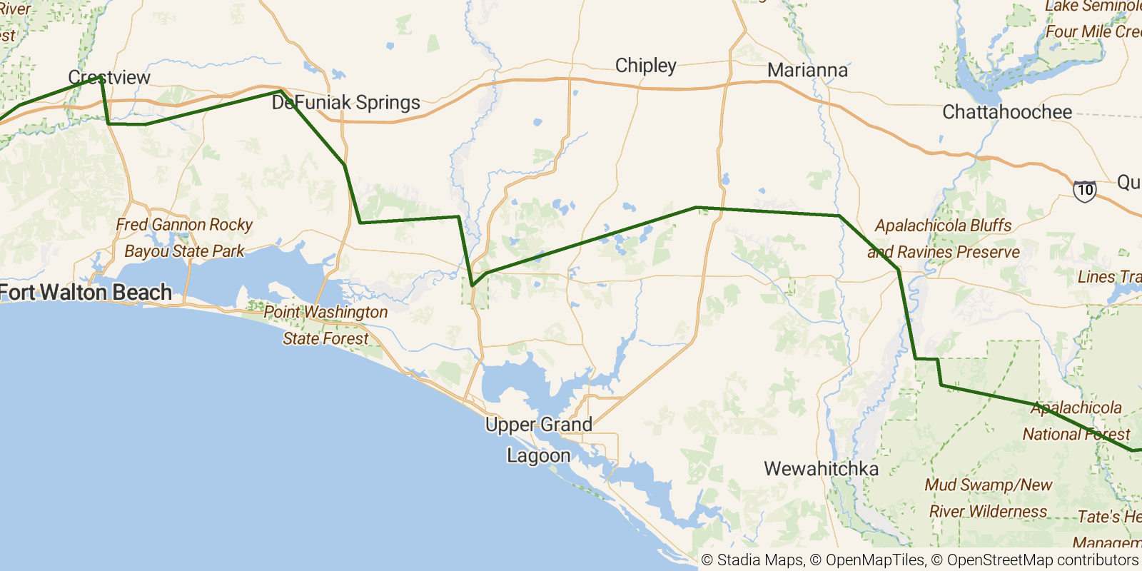 Route map of the Florida NST — Panhandle Region on OpenStreetMap terrain