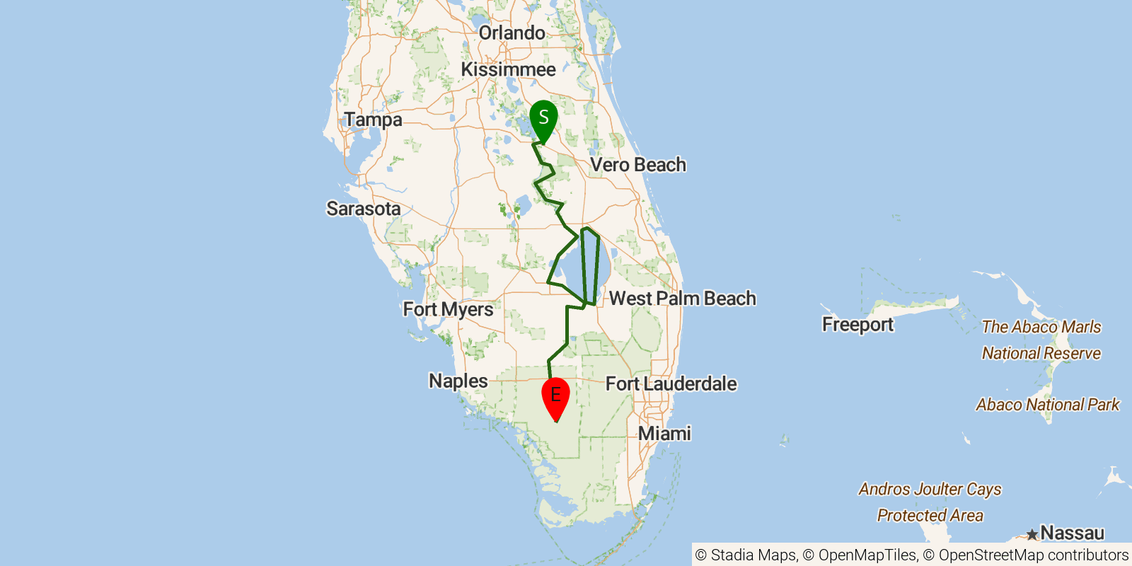 Route map of the Florida NST — Southern Region on OpenStreetMap terrain