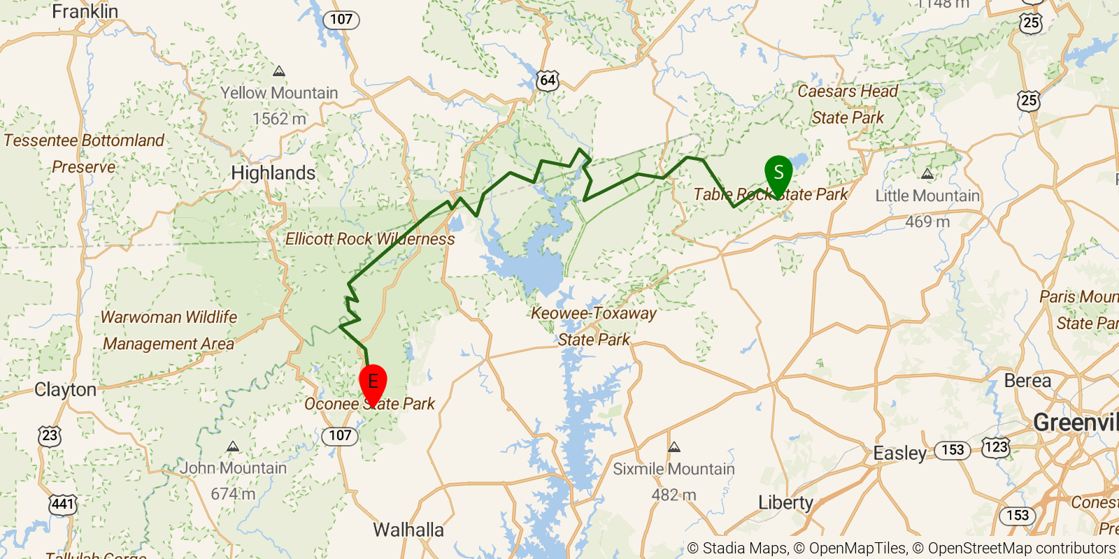 Route map of the Foothills Trail on OpenStreetMap terrain