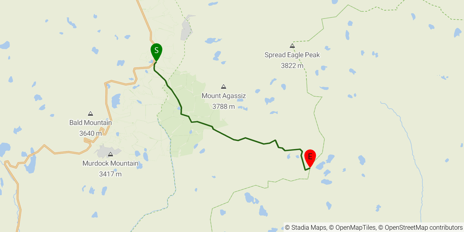 Route map of the Four Lakes Basin via Highline Trail on OpenStreetMap terrain