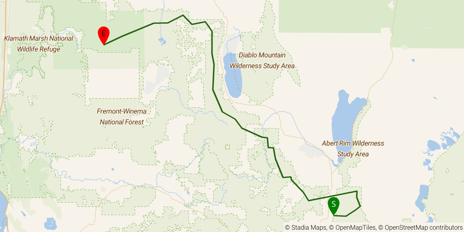 Route map of the Fremont National Recreation Trail on OpenStreetMap terrain