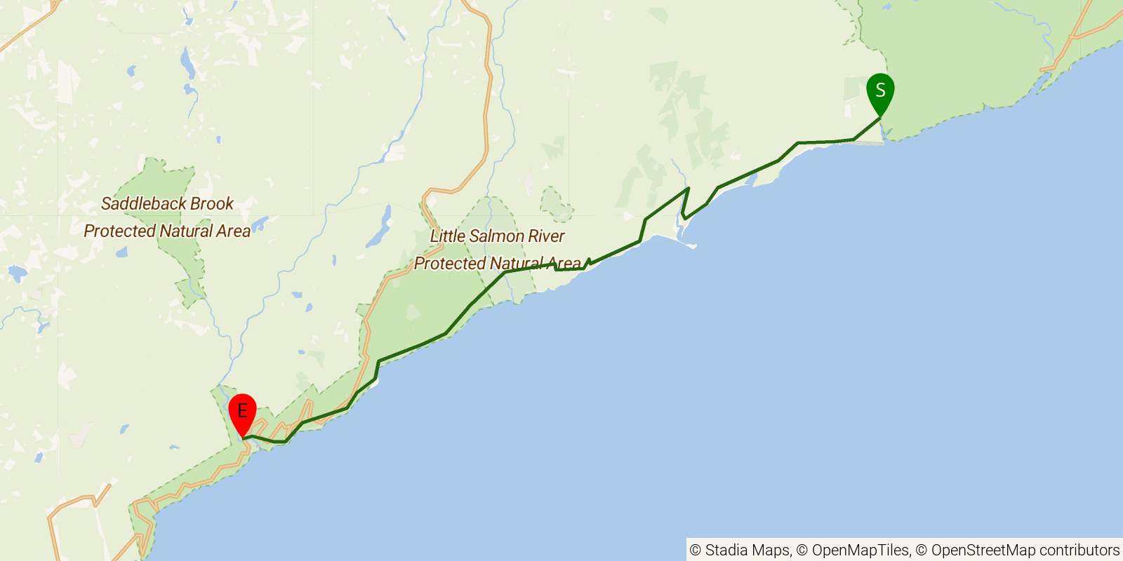 Route map of the Fundy Footpath on OpenStreetMap terrain
