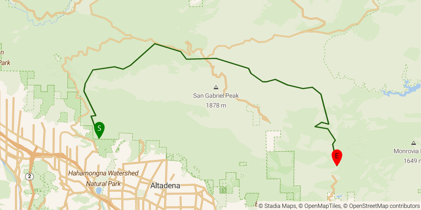 Route map of the Gabrielino National Recreation Trail on OpenStreetMap terrain