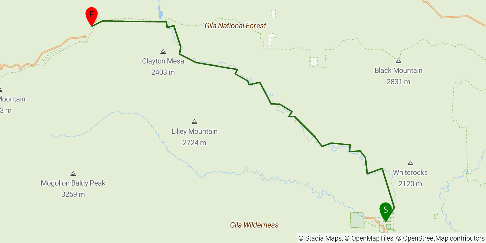 Route map of the Gila Middle Fork Trail on OpenStreetMap terrain