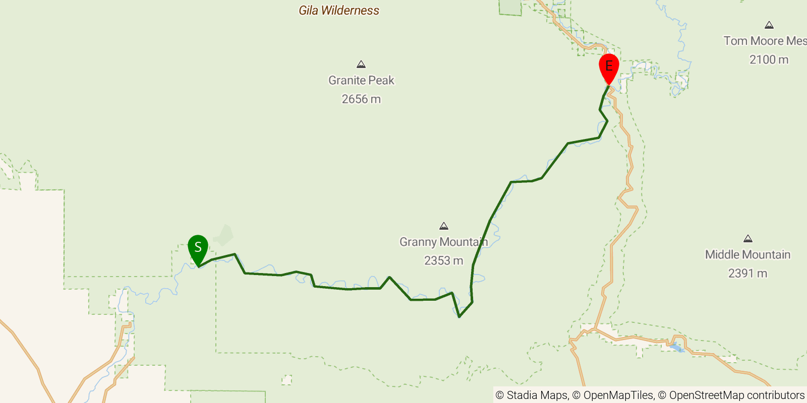 Route map of the Gila River Trail on OpenStreetMap terrain