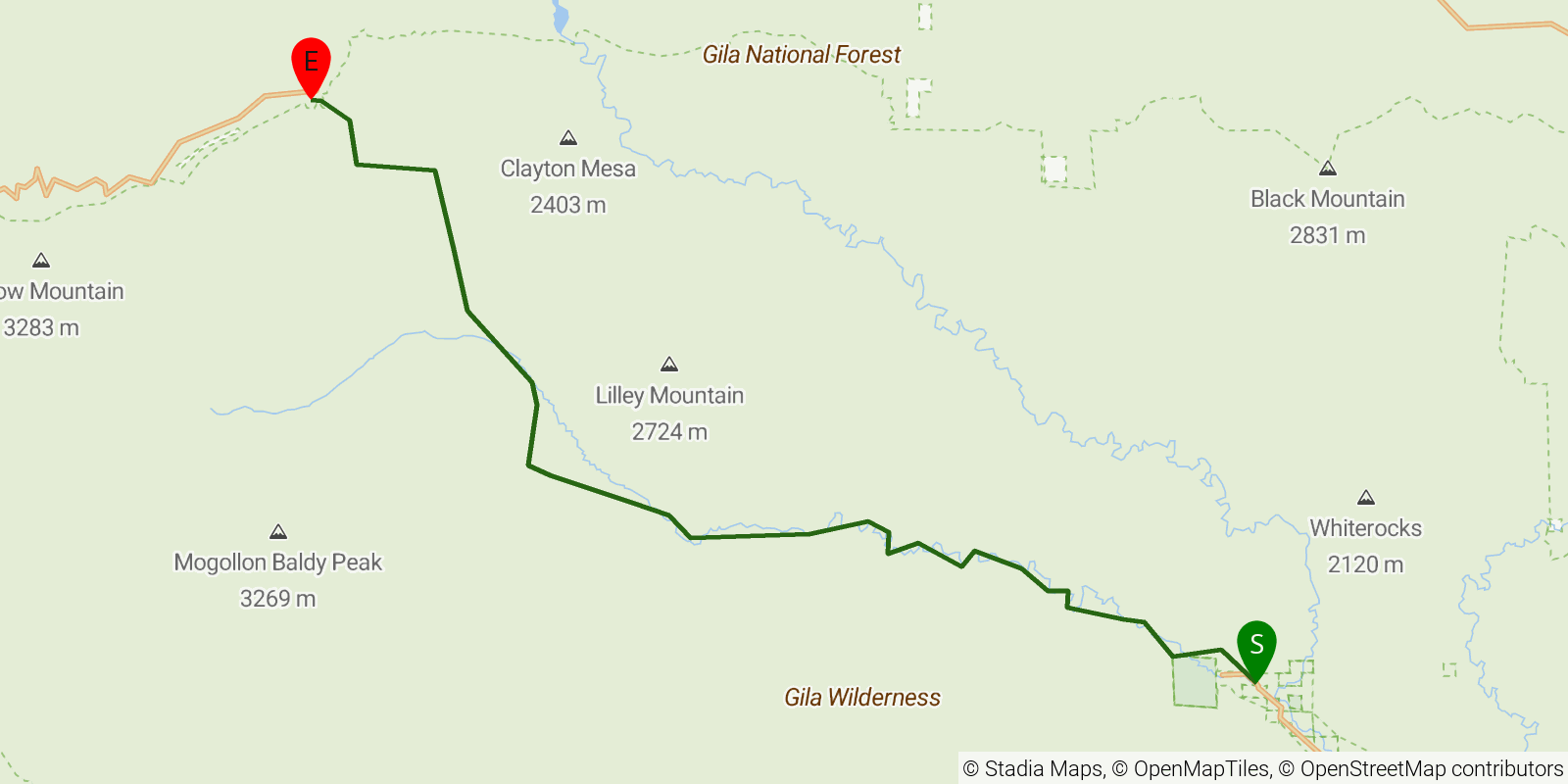 Route map of the Gila West Fork Trail on OpenStreetMap terrain