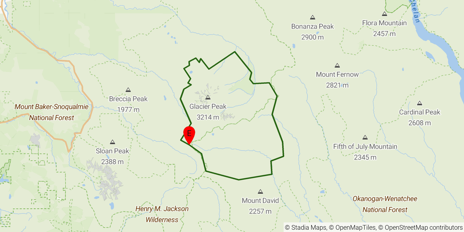 Route map of the Glacier Peak Loop on OpenStreetMap terrain