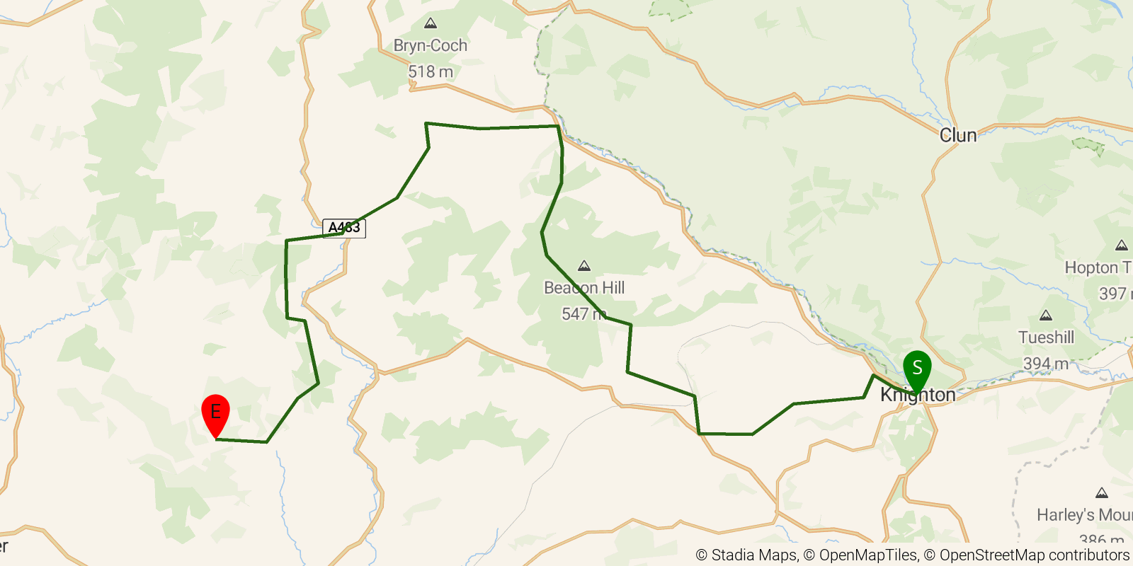 Route map of the Glyndŵr's Way — Sections 1–2: Knighton to Abbeycwmhir on OpenStreetMap terrain