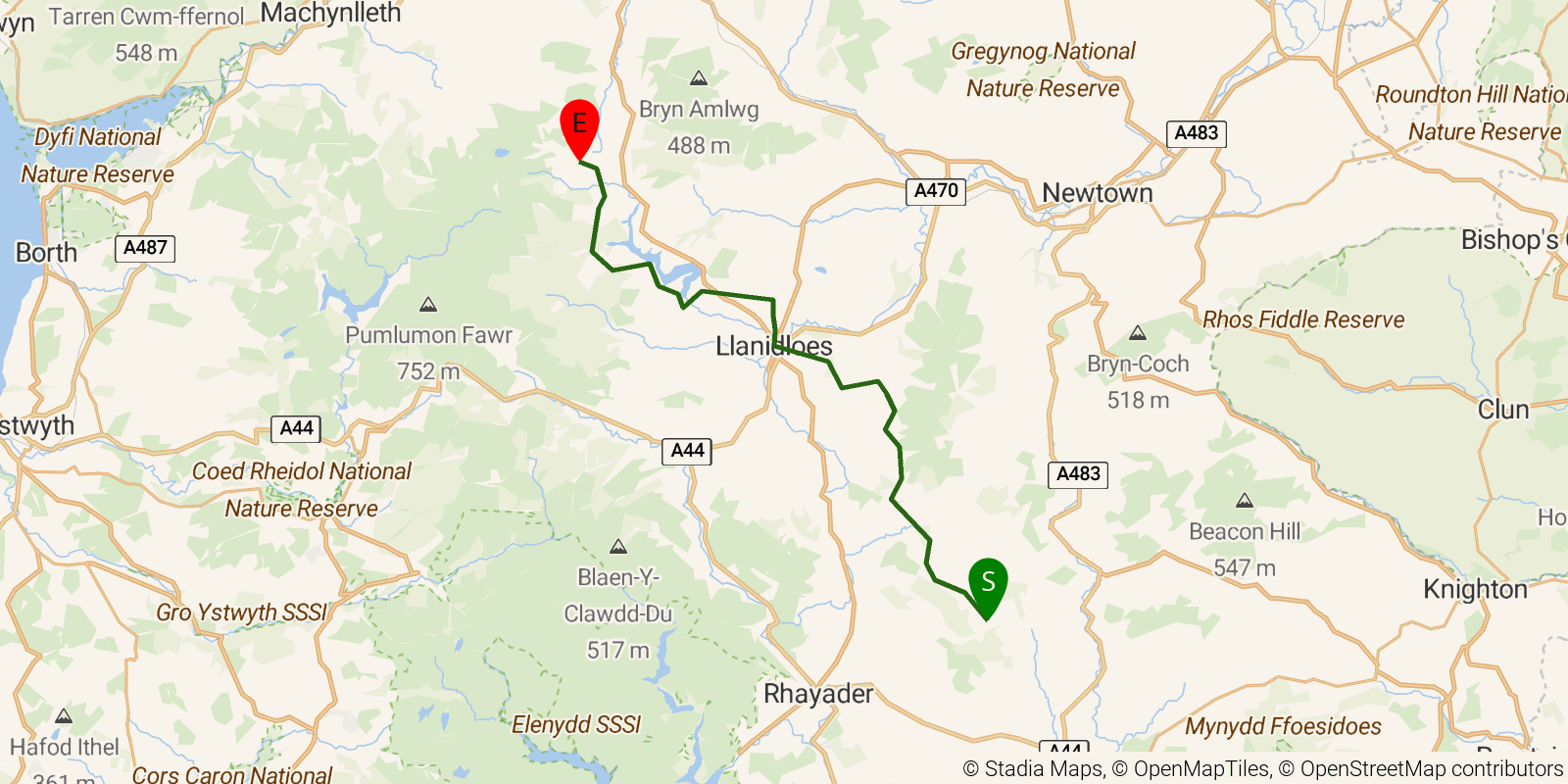 Route map of the Glyndŵr's Way — Sections 3–4: Abbeycwmhir to Dylife on OpenStreetMap terrain