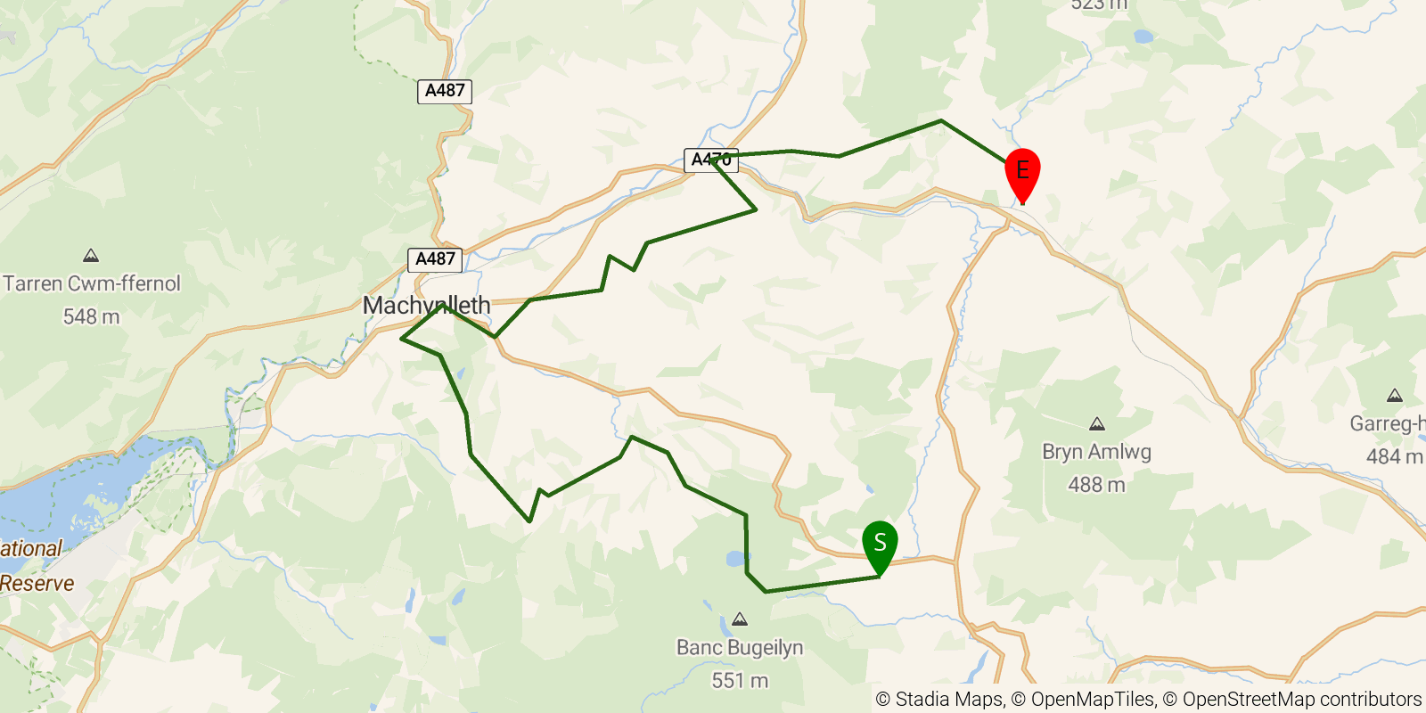 Route map of the Glyndŵr's Way — Sections 5–6: Dylife to Llanbrynmair on OpenStreetMap terrain