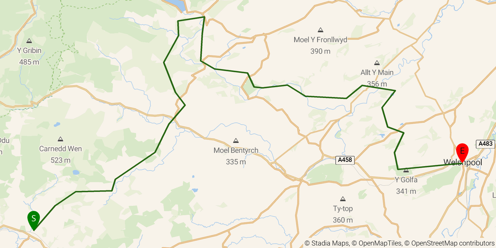 Route map of the Glyndŵr's Way — Sections 7–9: Llanbrynmair to Welshpool on OpenStreetMap terrain