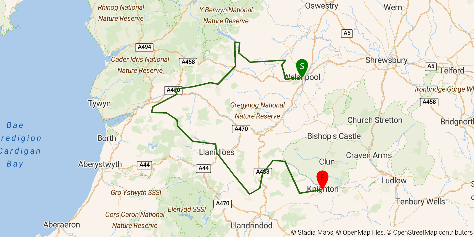 Route map of the Glyndŵr’s Way on OpenStreetMap terrain