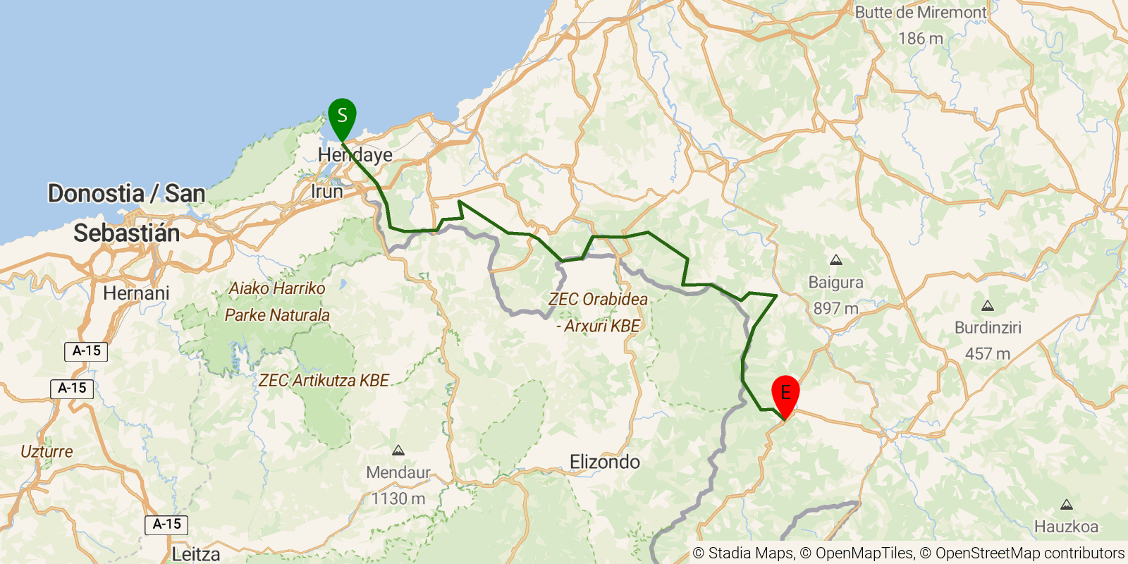Route map of the GR10 Pyrenees Traverse — Stages 1–4: Hendaye-Plage to Saint-Étienne-de-Baïgorry on OpenStreetMap terrain