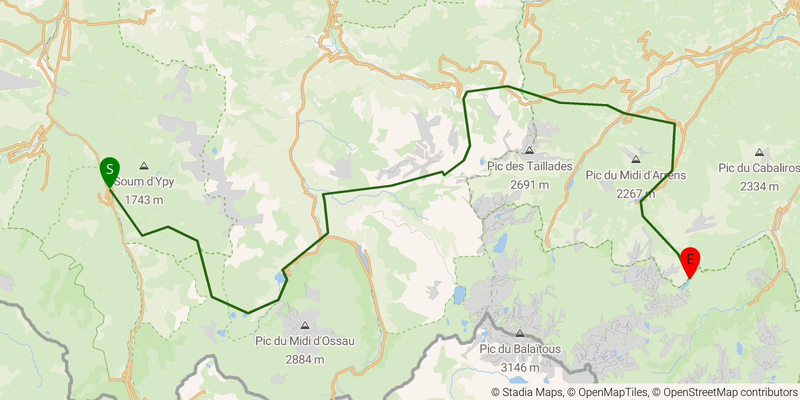 Route map of the GR10 Pyrenees Traverse — Stages 13–16: Etsaut to Refuge d’Ilhéou on OpenStreetMap terrain