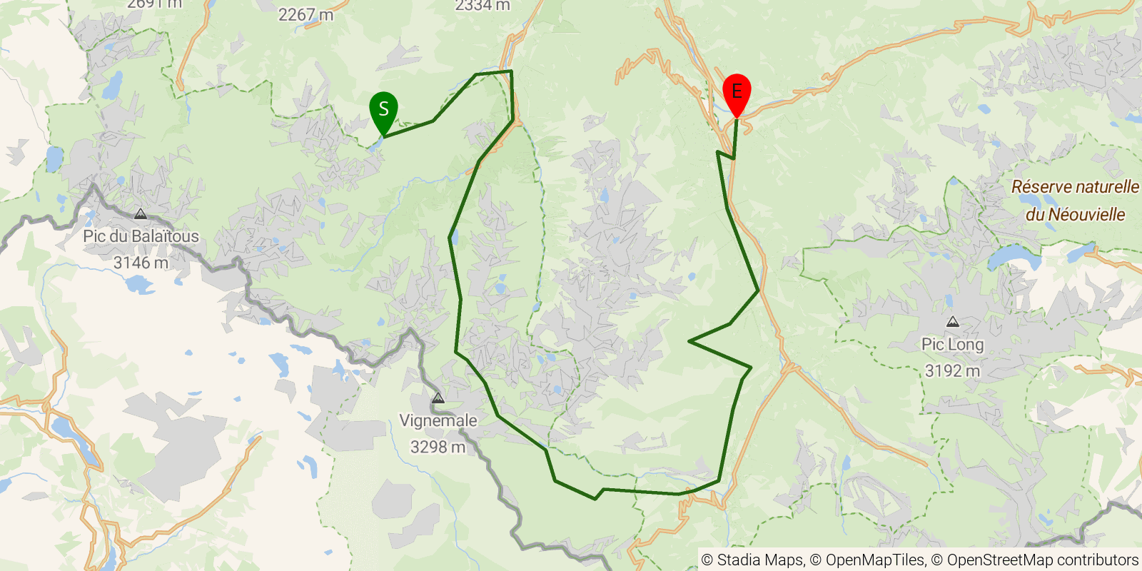 Route map of the GR10 Pyrenees Traverse — Stages 17–20: Refuge d’Ilhéou to Luz-Saint-Sauveur on OpenStreetMap terrain