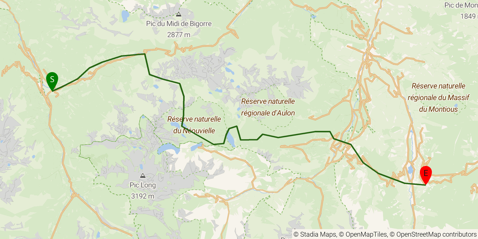 Route map of the GR10 Pyrenees Traverse — Stages 21–24: Luz-Saint-Sauveur to Germ on OpenStreetMap terrain