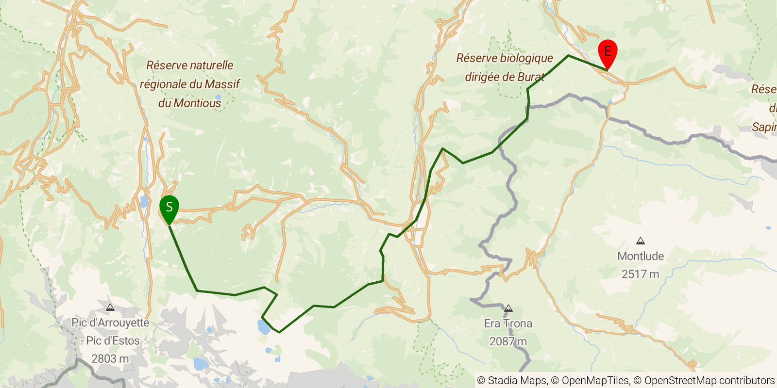 Route map of the GR10 Pyrenees Traverse — Stages 25–28: Germ to Fos on OpenStreetMap terrain