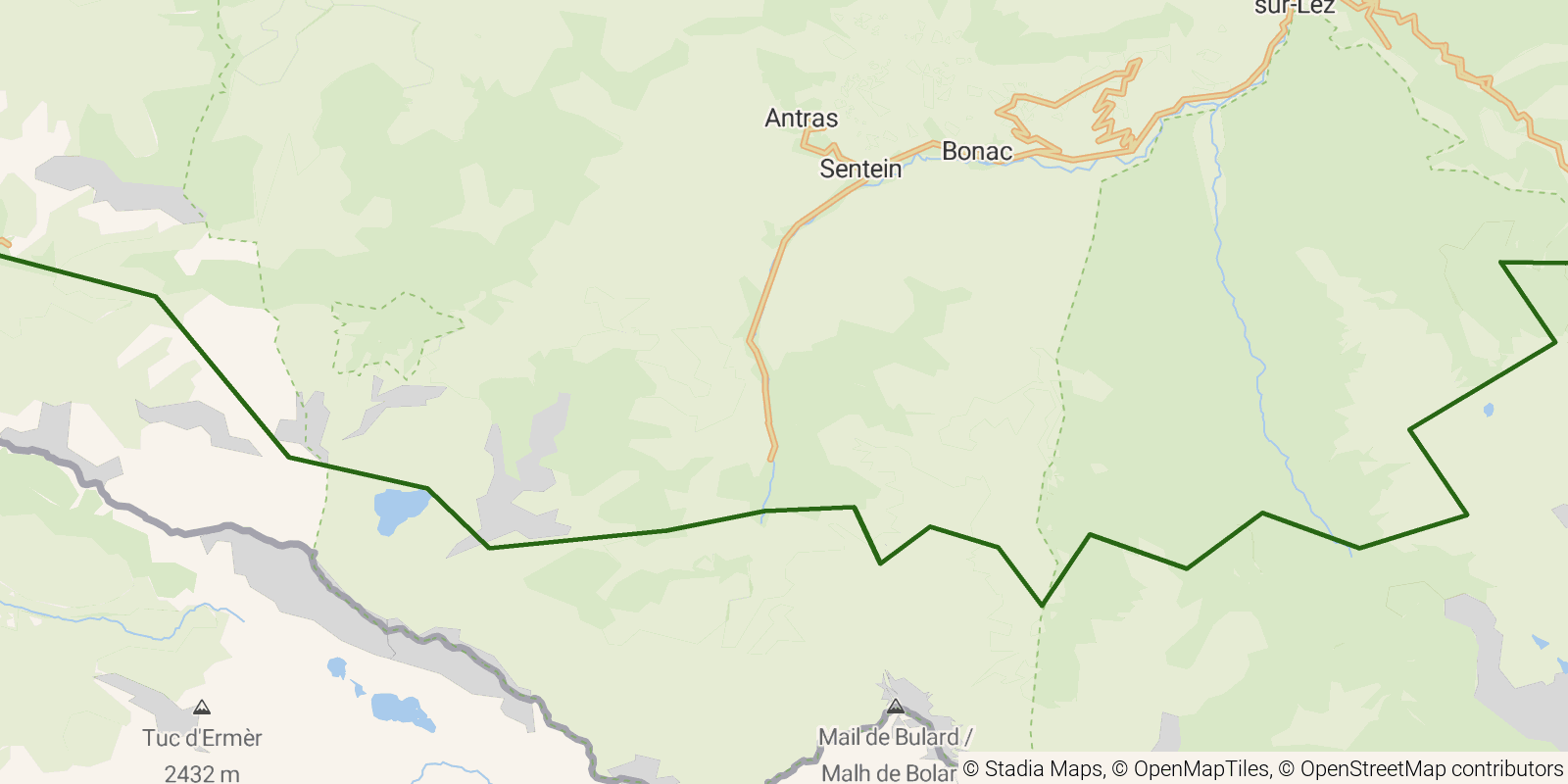 Route map of the GR10 Pyrenees Traverse — Stages 29–32: Fos to Esbintz on OpenStreetMap terrain