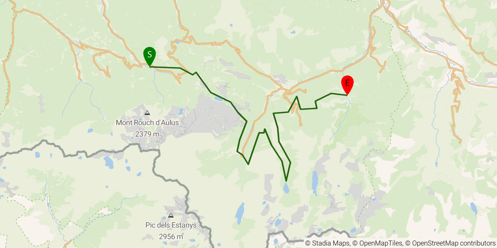 Route map of the GR10 Pyrenees Traverse — Stages 37–40: Aulus-les-Bains to Siguer on OpenStreetMap terrain