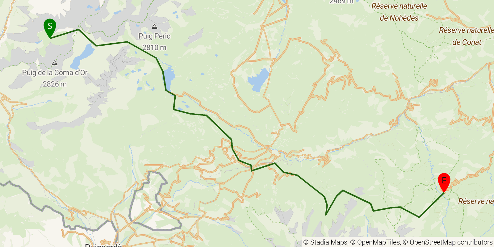 Route map of the GR10 Pyrenees Traverse — Stages 45–48: Refuge des Bésines to Mantet on OpenStreetMap terrain