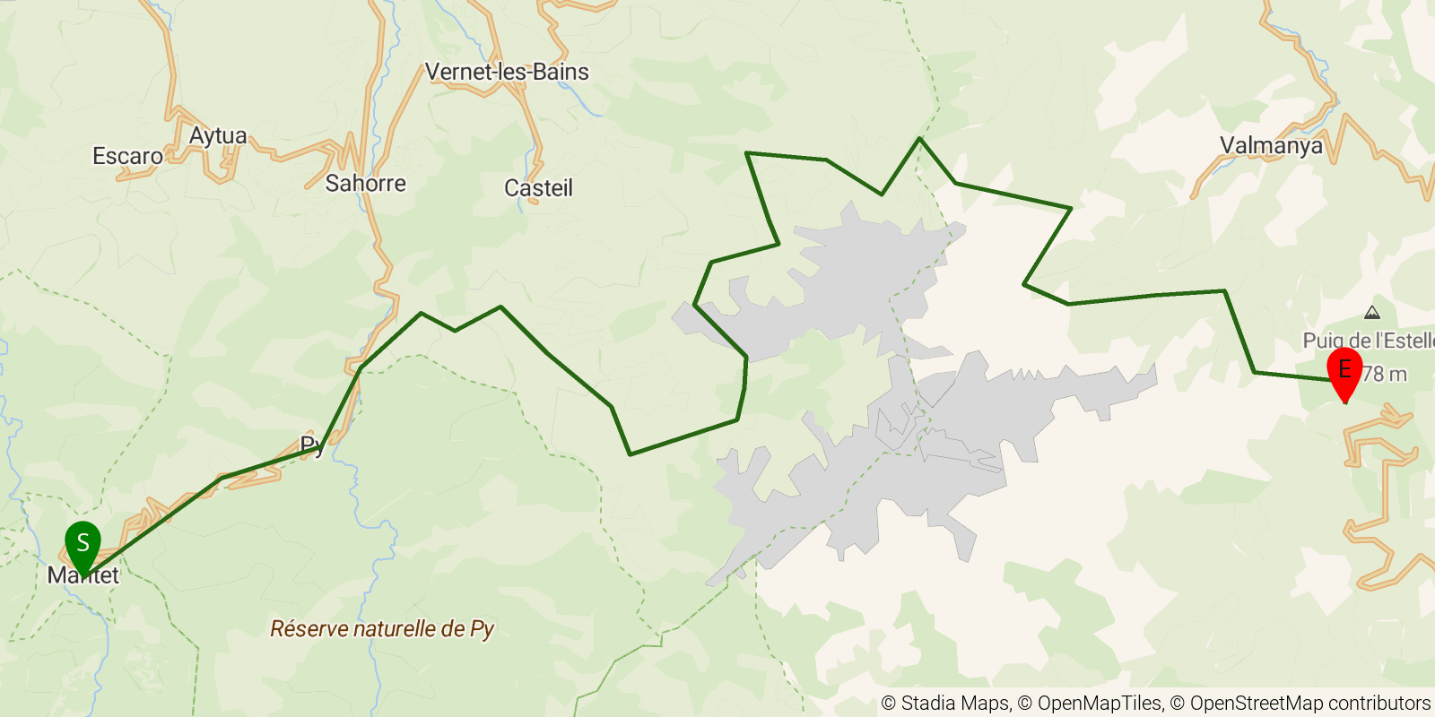 Route map of the GR10 Pyrenees Traverse — Stages 49–51: Mantet to Refuge de Batère on OpenStreetMap terrain