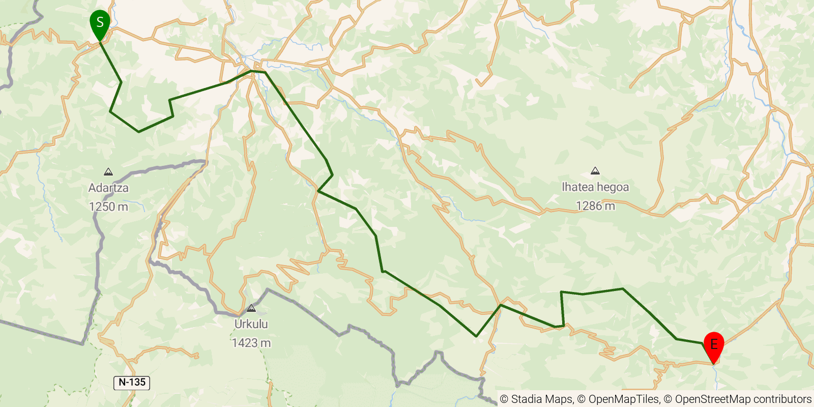 Route map of the GR10 Pyrenees Traverse — Stages 5–8: Saint-Étienne-de-Baïgorry to Logibar on OpenStreetMap terrain