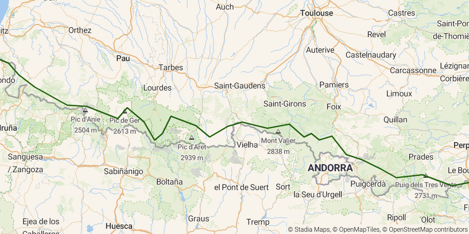 Route map of the GR10 Pyrenees Traverse on OpenStreetMap terrain