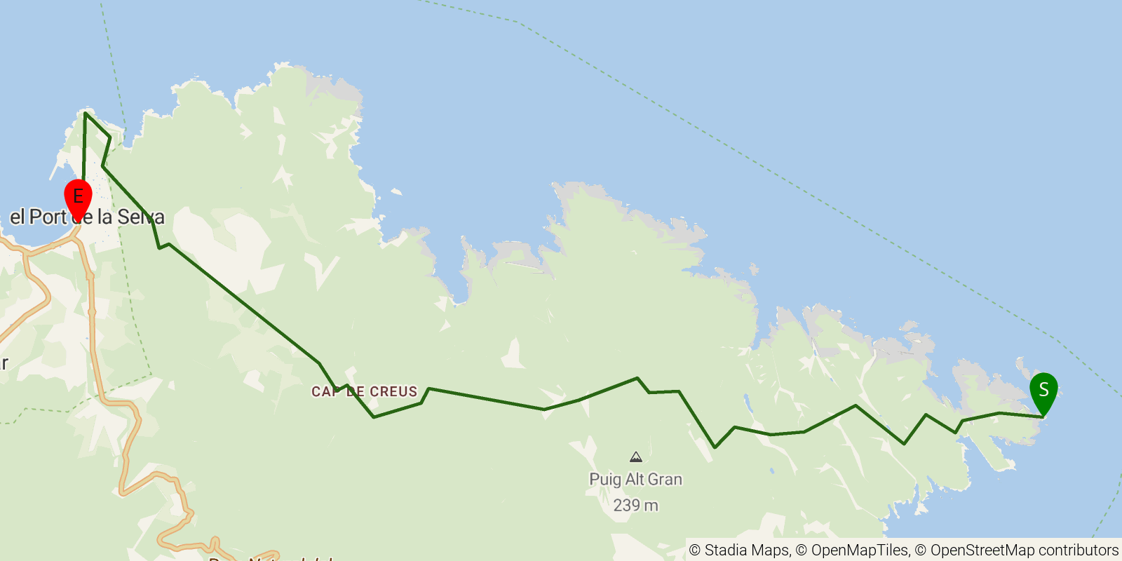 Route map of the GR11 – Senda Pirenaica (Stage 1) on OpenStreetMap terrain
