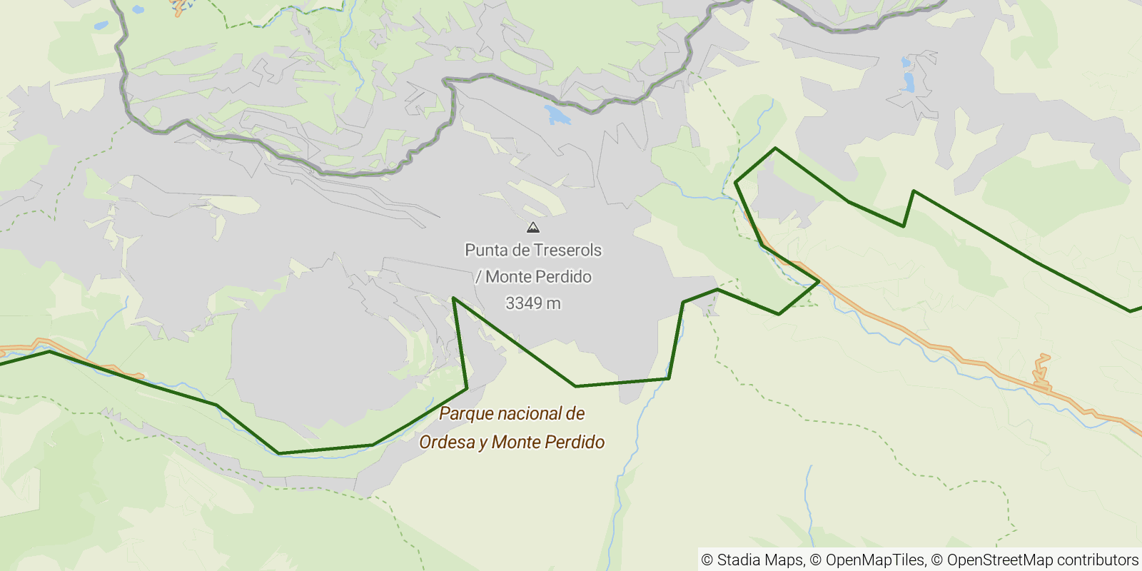 Route map of the GR11 Senda Pirenaica — Stages 16–18: San Nicolás de Bujaruelo to Parzán on OpenStreetMap terrain