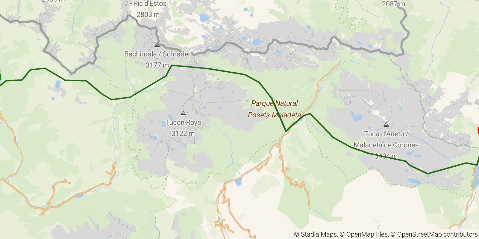 Route map of the GR11 Senda Pirenaica — Stages 19–22: Parzán to Refugio de Conangles on OpenStreetMap terrain