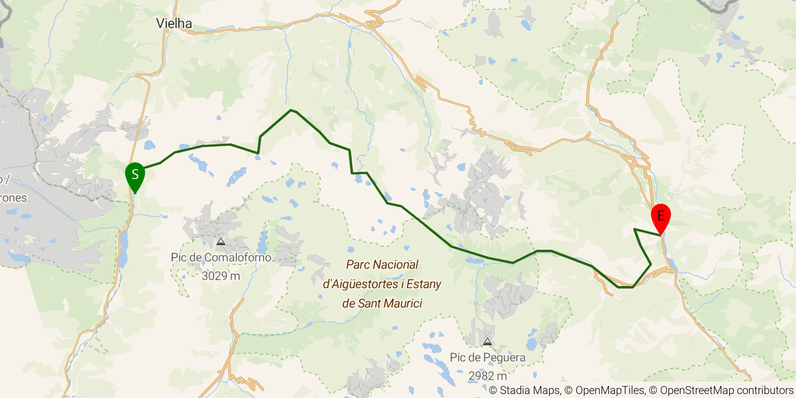 Route map of the GR11 Senda Pirenaica — Stages 23–26: Refugio de Conangles to La Guingueta d'Àneu on OpenStreetMap terrain