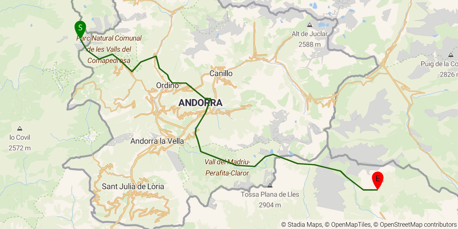 Route map of the GR11 Senda Pirenaica — Stages 31–34: Refugio de Baiau to Refugio de Malniu on OpenStreetMap terrain