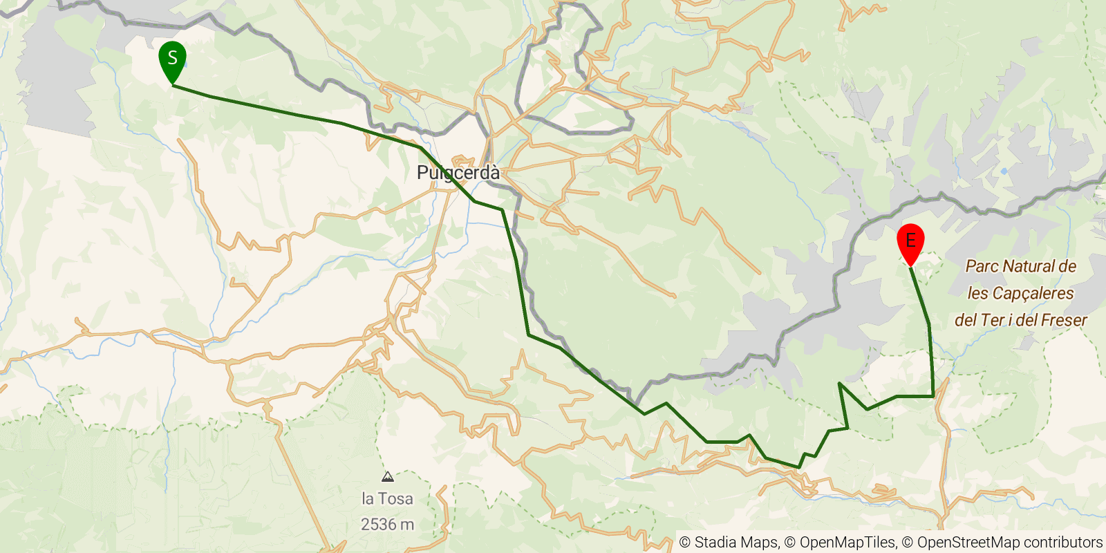 Route map of the GR11 Senda Pirenaica — Stages 35–37: Refugio de Malniu to Santuario de Núria on OpenStreetMap terrain