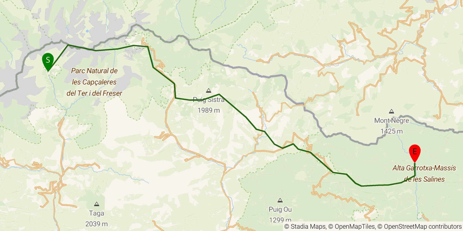 Route map of the GR11 Senda Pirenaica — Stages 38–40: Santuario de Núria to Sant Aniol d'Aguja on OpenStreetMap terrain
