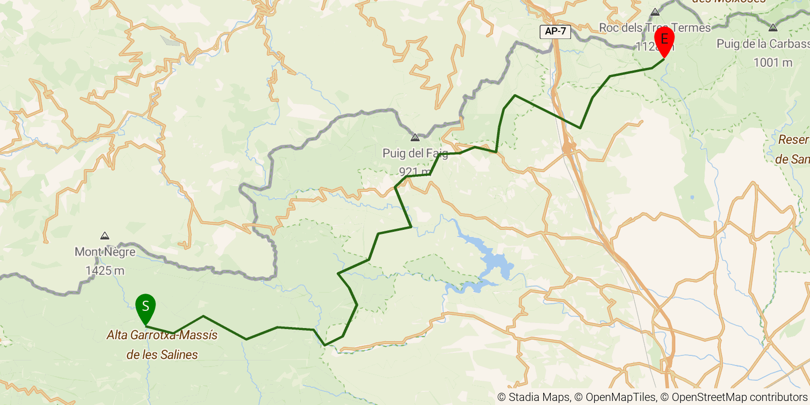 Route map of the GR11 Senda Pirenaica — Stages 41–43: Sant Aniol d'Aguja to Requesens on OpenStreetMap terrain