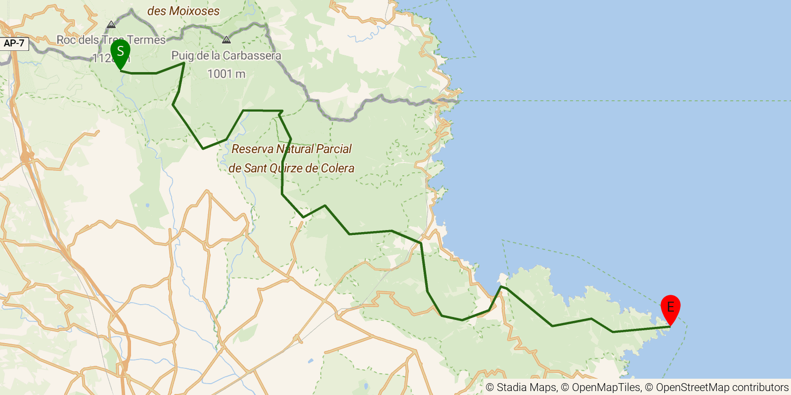 Route map of the GR11 Senda Pirenaica — Stages 44–46: Requesens to Cap de Creus on OpenStreetMap terrain