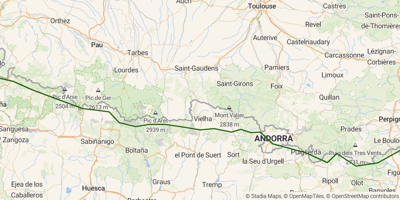 Route map of the GR11 Senda Pirenaica on OpenStreetMap terrain