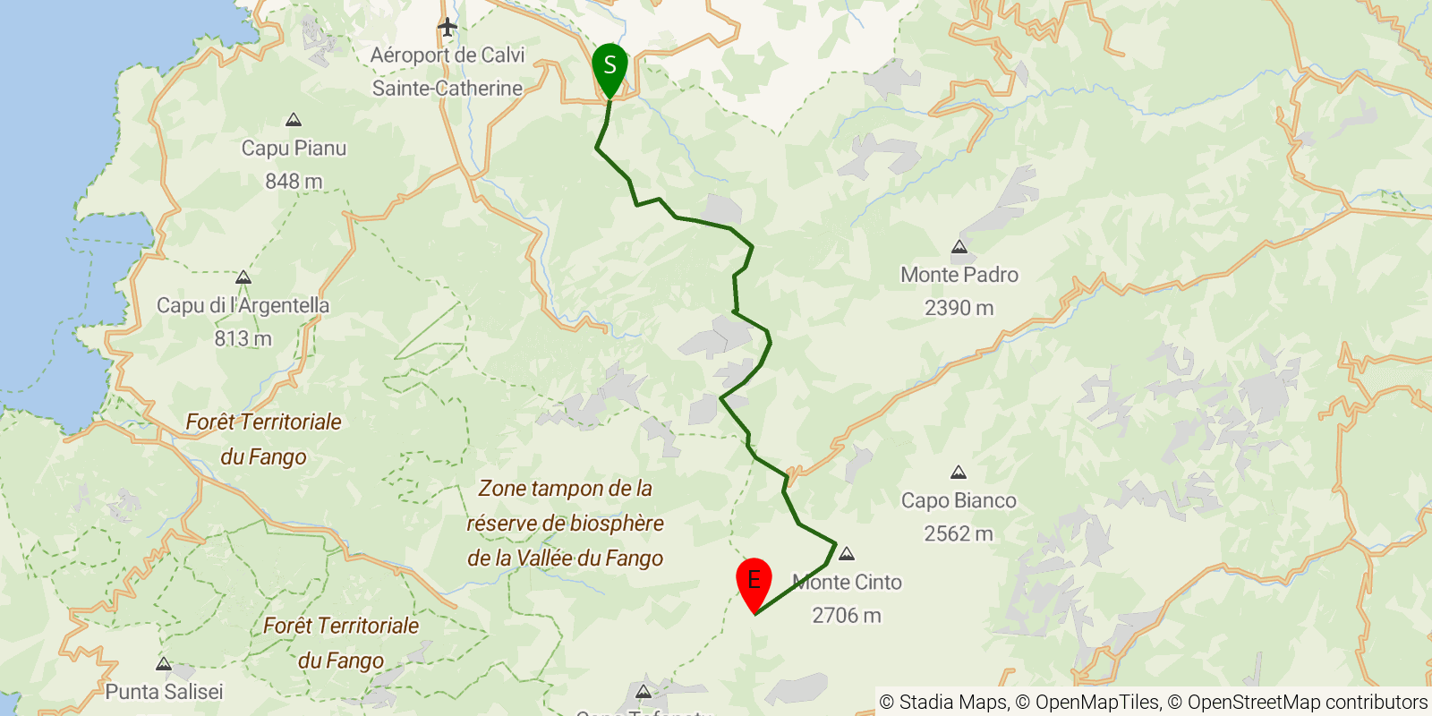 Route map of the GR20 (Corsica) — Stages 1–4: Calenzana to Tighjettu on OpenStreetMap terrain