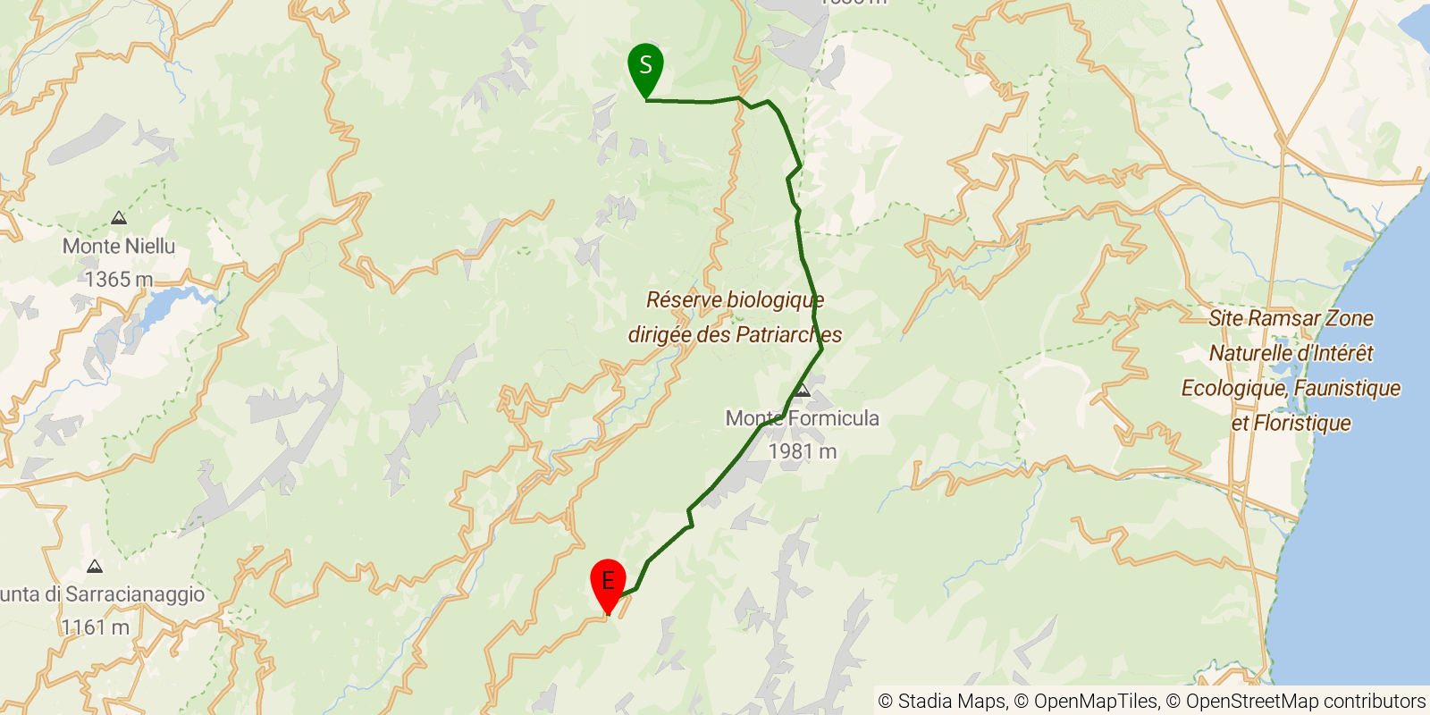Route map of the GR20 (Corsica) — Stages 11–13: E Capanelle to Cuscionu (Matalza) on OpenStreetMap terrain