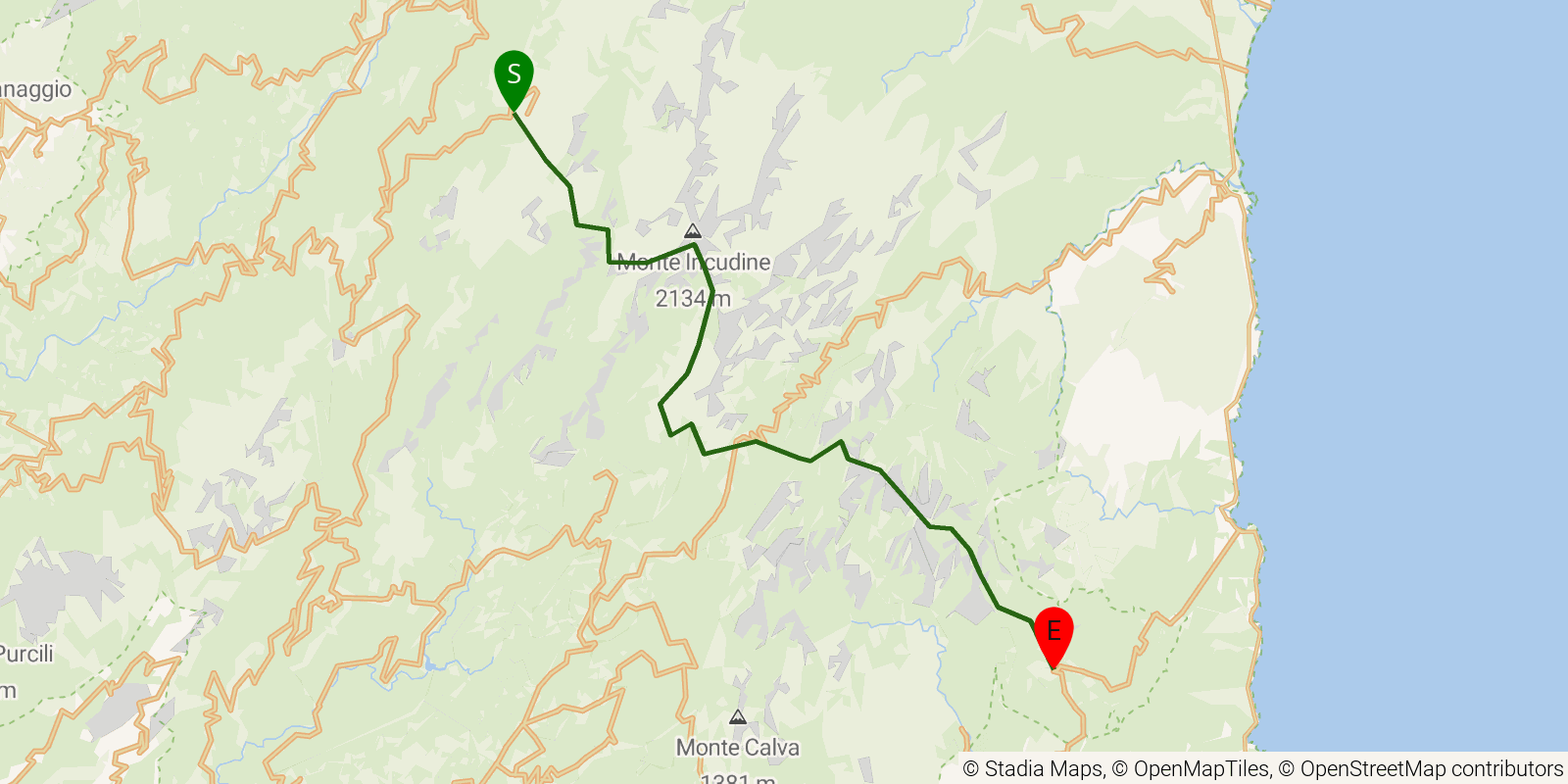 Route map of the GR20 (Corsica) — Stages 14–16: Cuscionu (Matalza) to Conca on OpenStreetMap terrain
