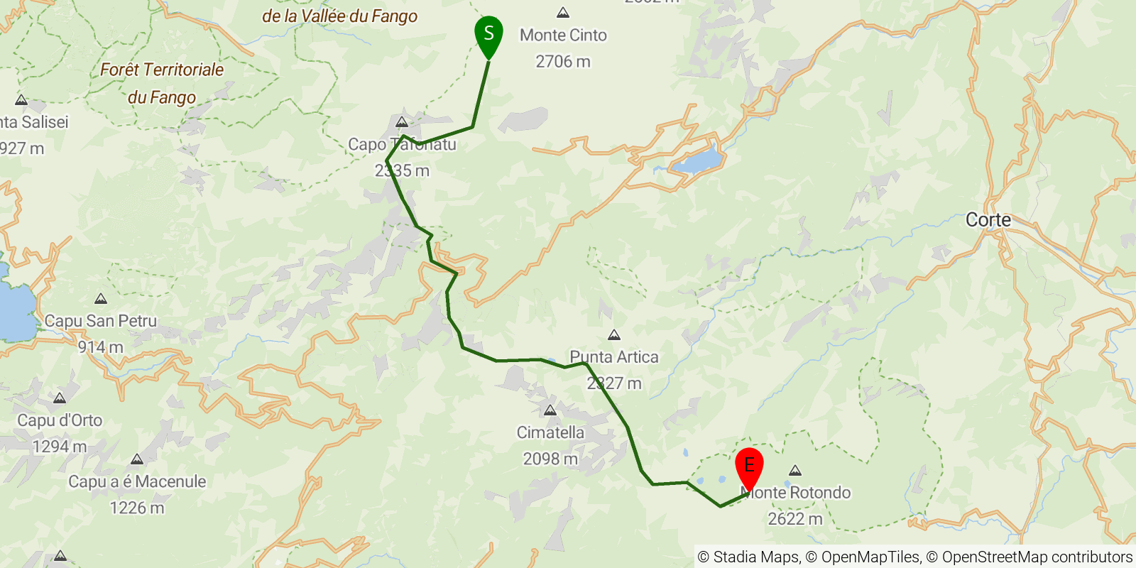 Route map of the GR20 (Corsica) — Stages 5–7: Tighjettu to Petra Piana on OpenStreetMap terrain