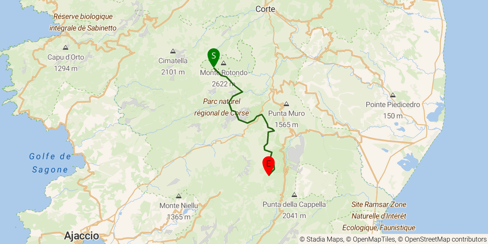 Route map of the GR20 (Corsica) — Stages 8–10: Petra Piana to E Capanelle on OpenStreetMap terrain