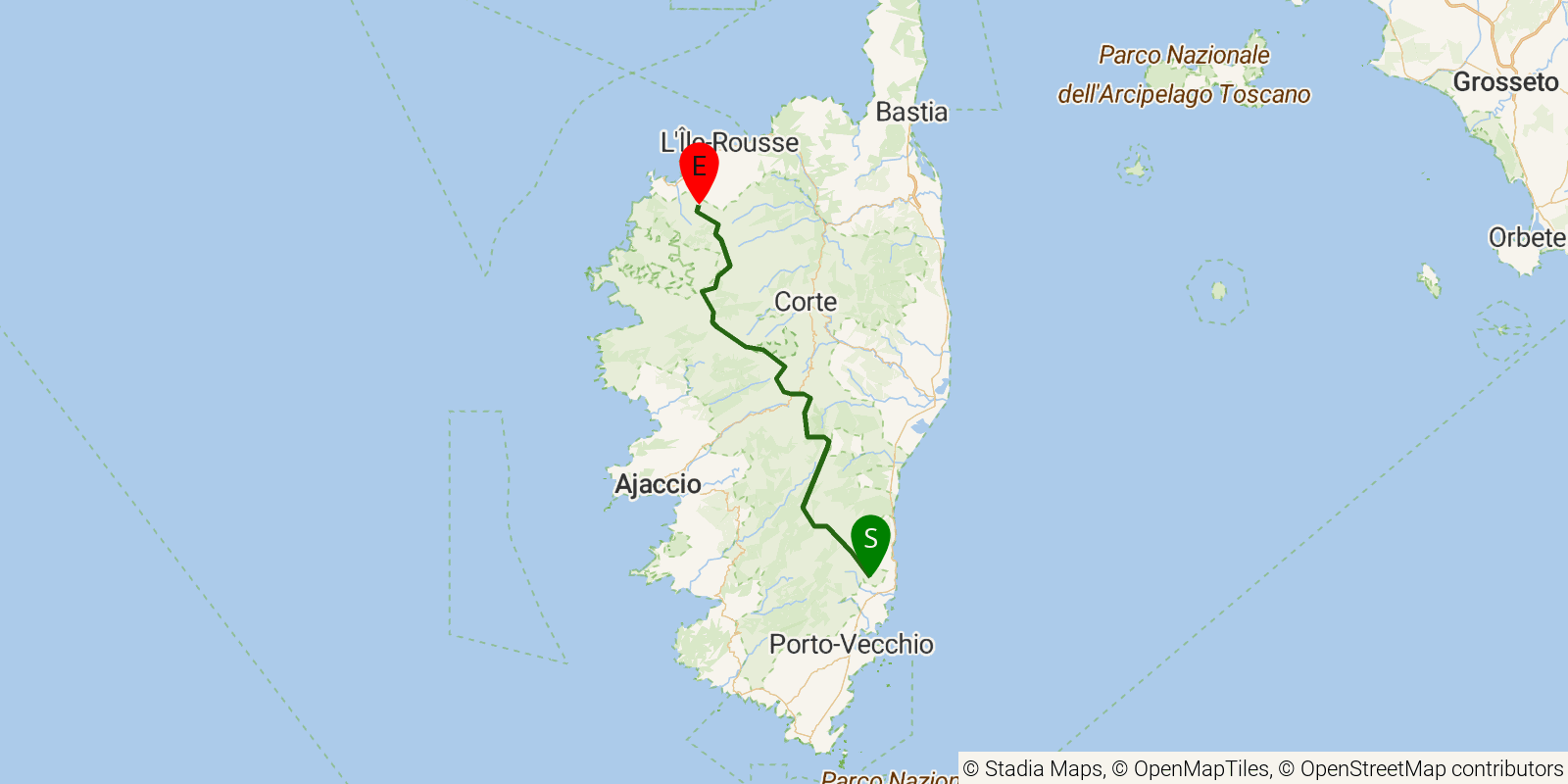Route map of the GR20 (Corsica) on OpenStreetMap terrain