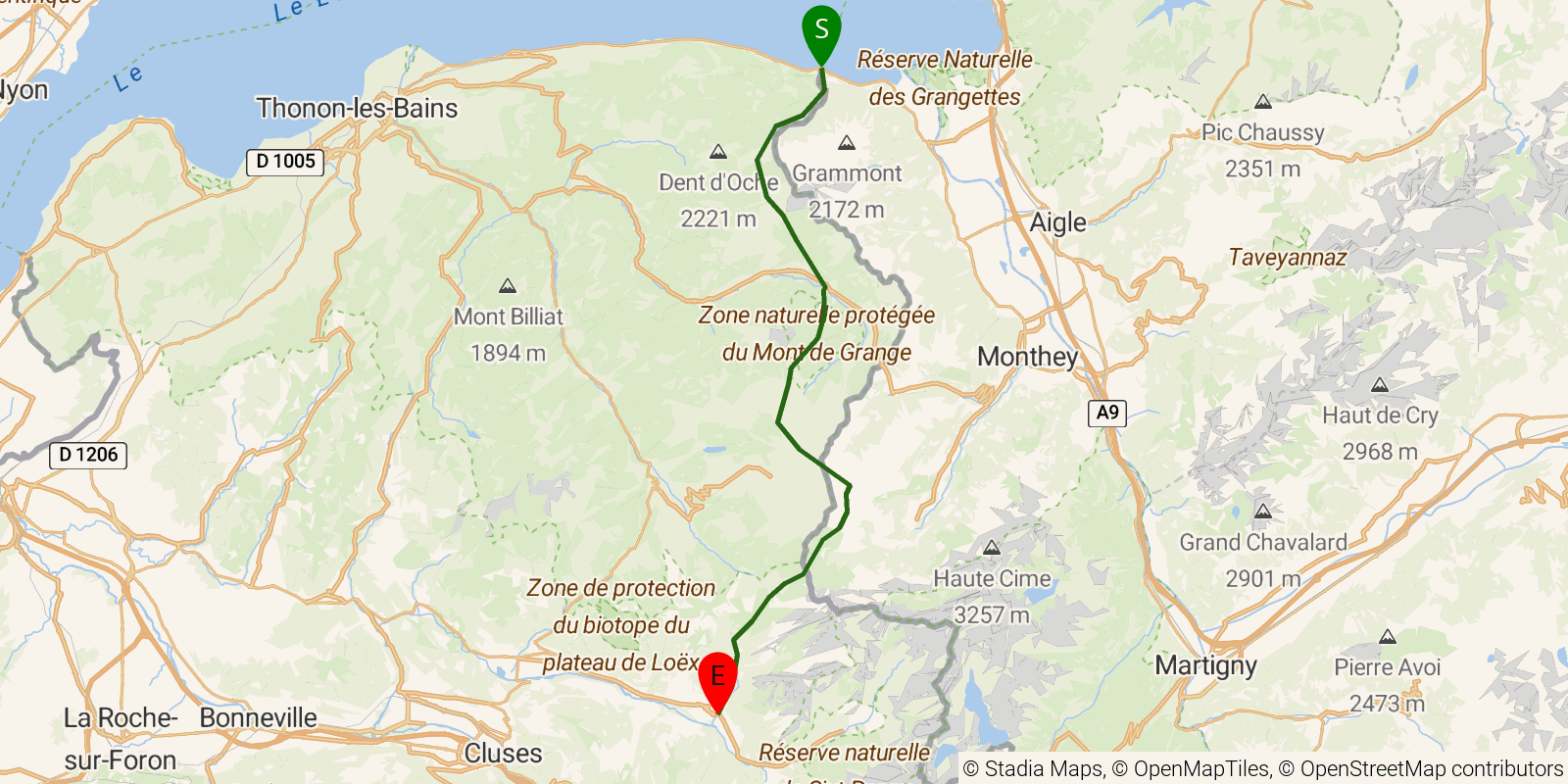 Route map of the GR5 Alpine Traverse — Stages 1–3: Saint-Gingolph to Samoëns on OpenStreetMap terrain